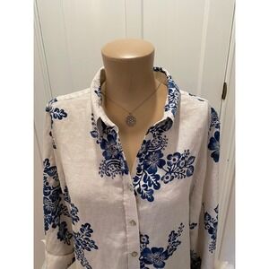 Chico's White Linen Blend Button-Front Blouse with Blue Floral Print